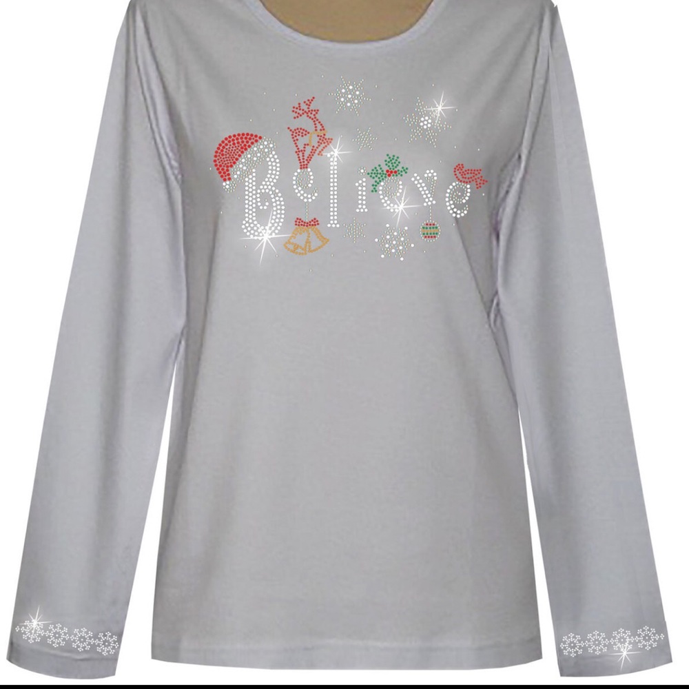 Rhinestone Holiday Round Neck Long Sleeve Tops